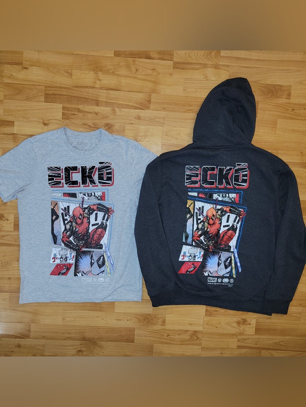 Marvel X Ecko Collab Bundle: Deadpool Gray Graphic Tee + Dark Gray Hoodie, Large